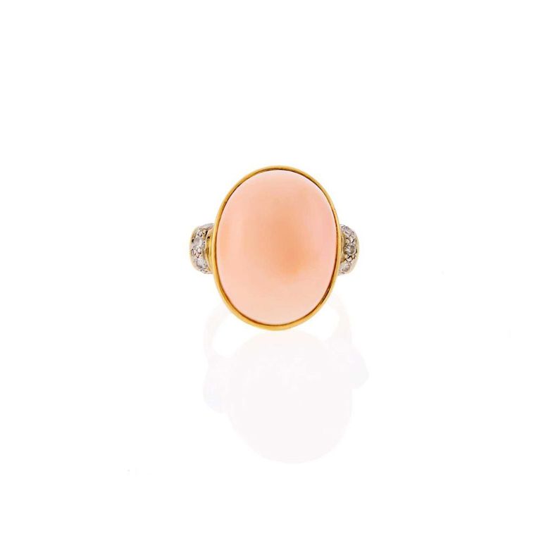 18k Gold, Angel Skin Coral and Diamond Ring