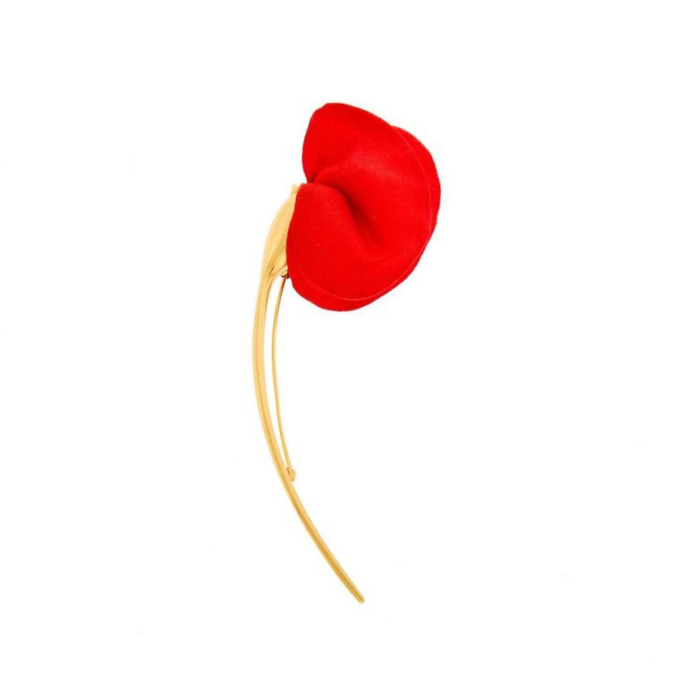 18k Gold and Red Fabric Flower Brooch