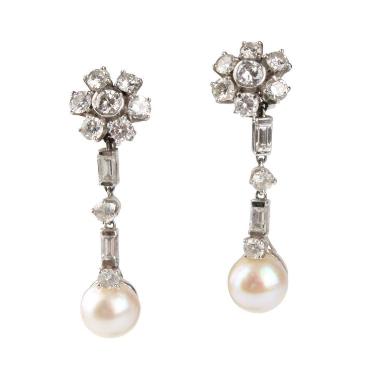 14k White Gold Diamond and Pearl Pendant Earrings