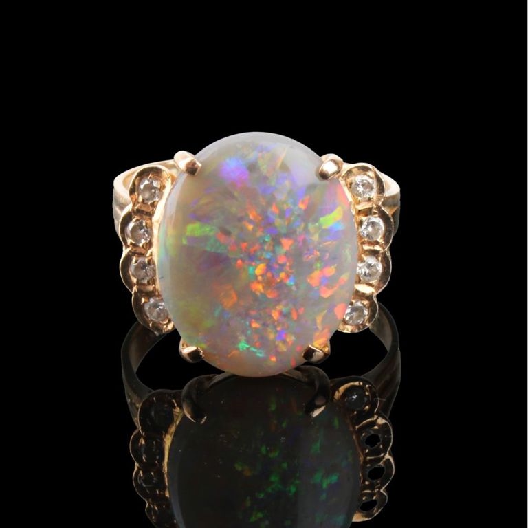 14k Yellow Gold Opal and Diamond Ring
