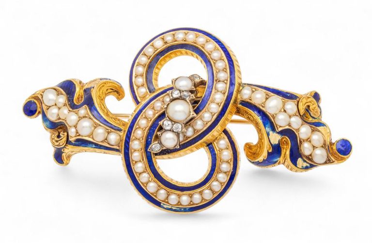 14k Yellow Gold, Enamel, Pearl and Diamond Brooch