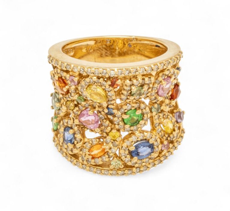 14k Yellow Gold Sapphire, Emerald and Diamond Ring