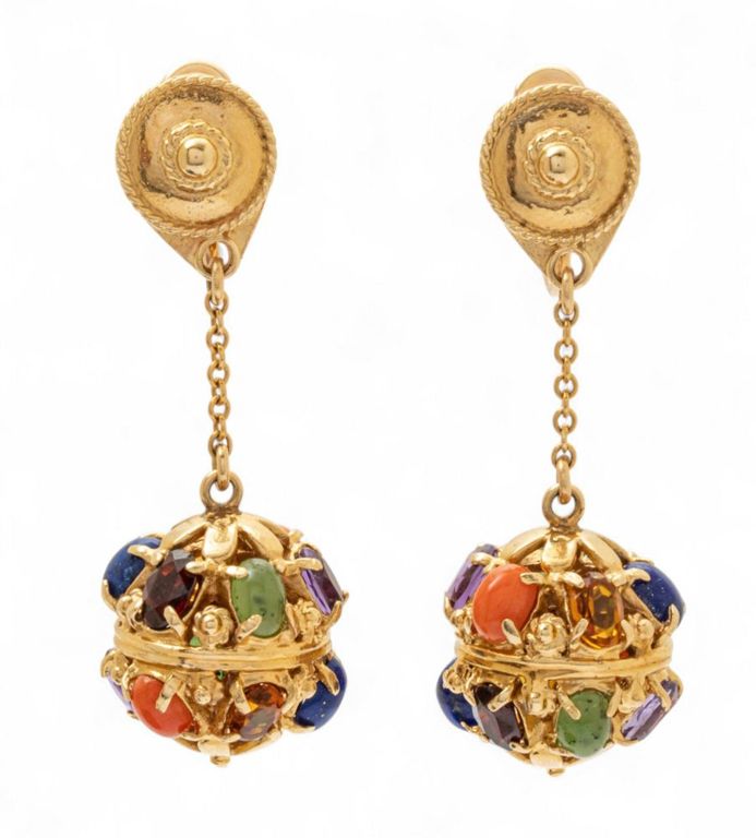 14k Gold Gem-Set Ball Drop Earrings