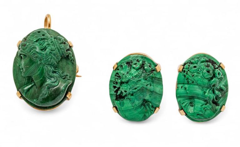 14k Gold Malachite Earrings and Pendant
