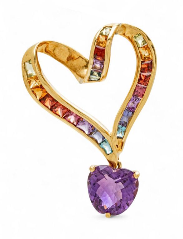 18k Gold Amethyst and Gem-Set Heart Pendant