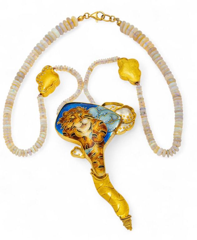 18k Gold Enamel Tiger Pendant and Opal Necklace