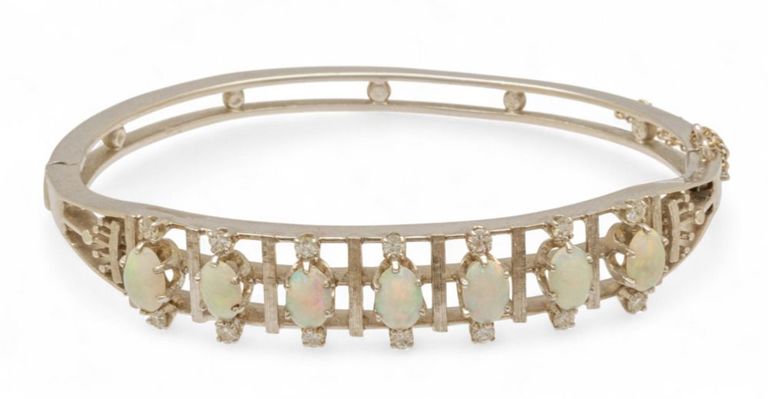 14k White Gold Opal and Diamond Bangle Bracelet