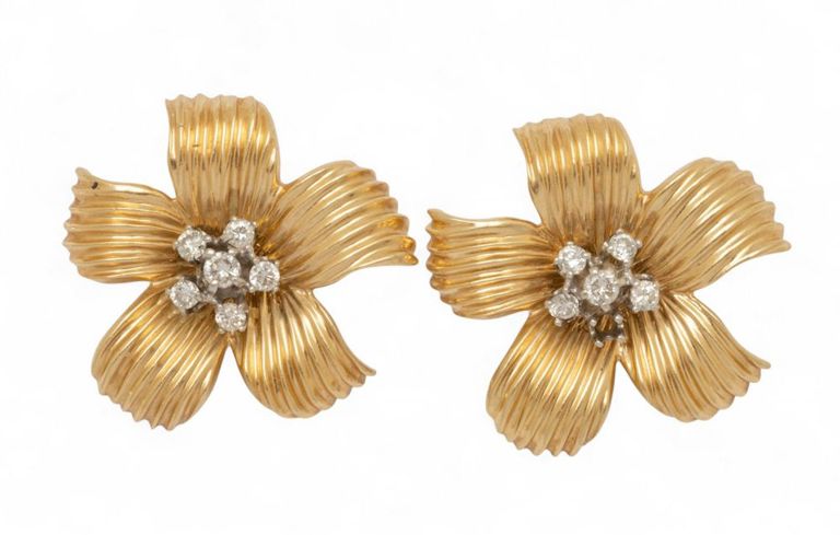 14k Yellow Gold Diamond Flower Clip Earrings