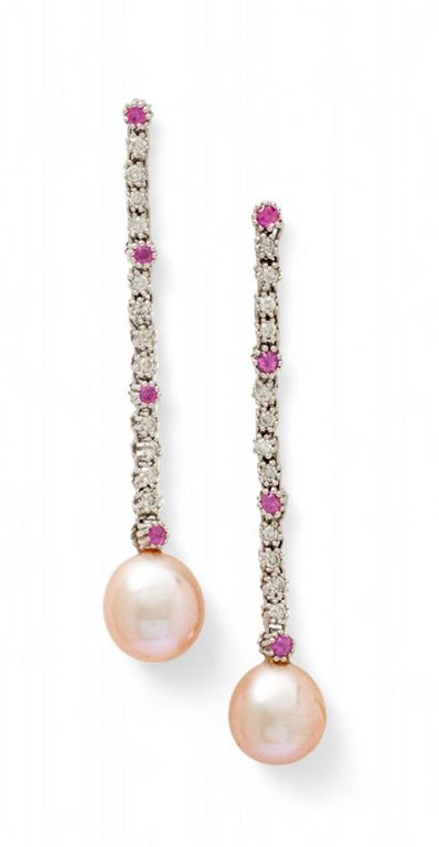 Pearl, Diamond and Sapphire Drop Earrings