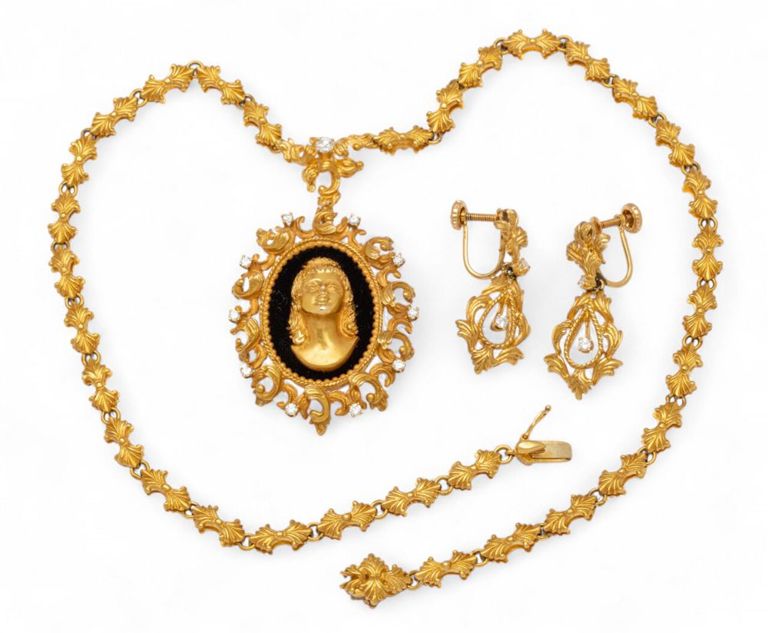 18k Yellow Gold Diamond Necklace and Earring Set
