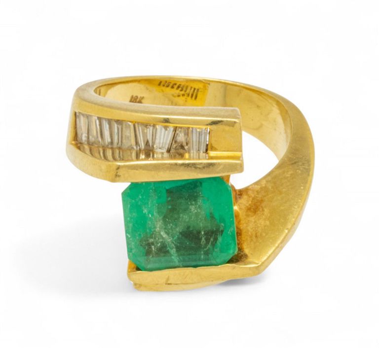 18k Yellow Gold Emerald and Diamond Ring