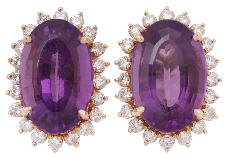 Pair of 14k Gold Amethyst and Diamond Earrings