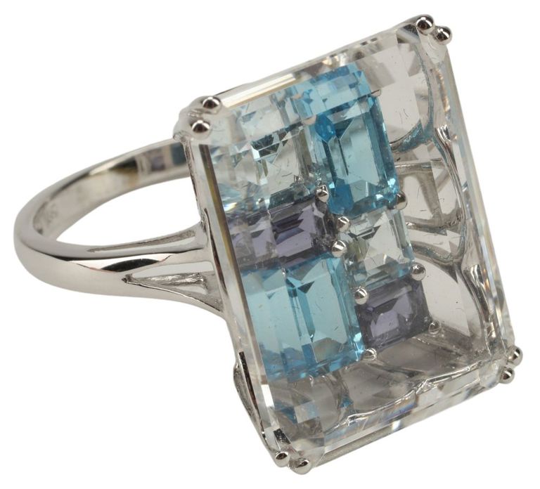 14k White Gold Rock Crystal and Gemstone Ring