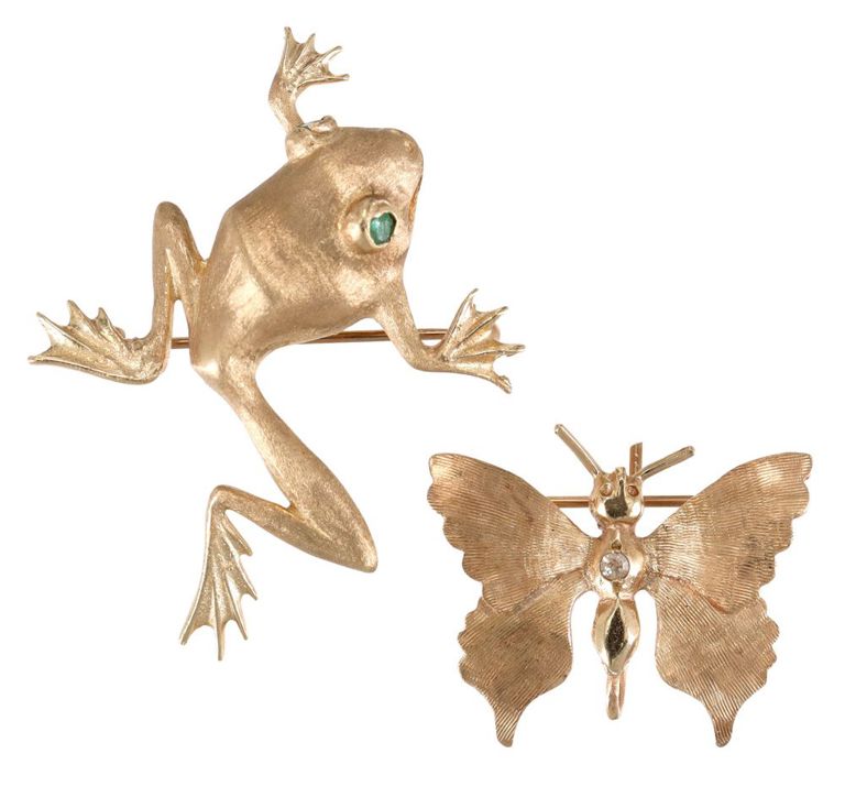 Pair of 14k Gold Frog and Butterfly Brooches