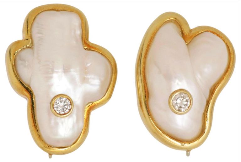 Pair of 18k Gold Pearl and Diamond Earrings