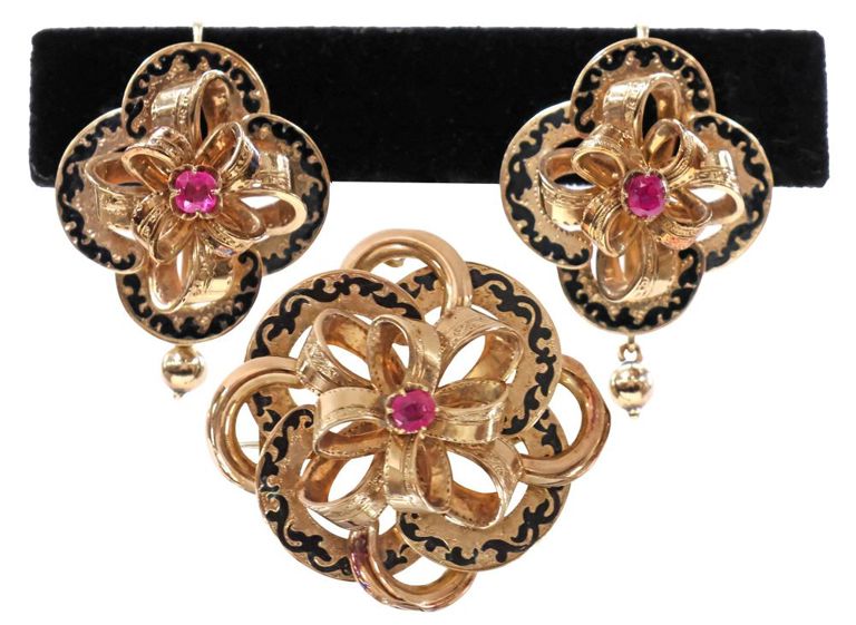 14k Gold Ruby Brooch and Earrings