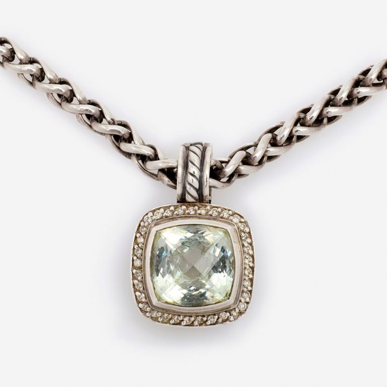 Silver Prasiolite and Diamond Pendant Necklace