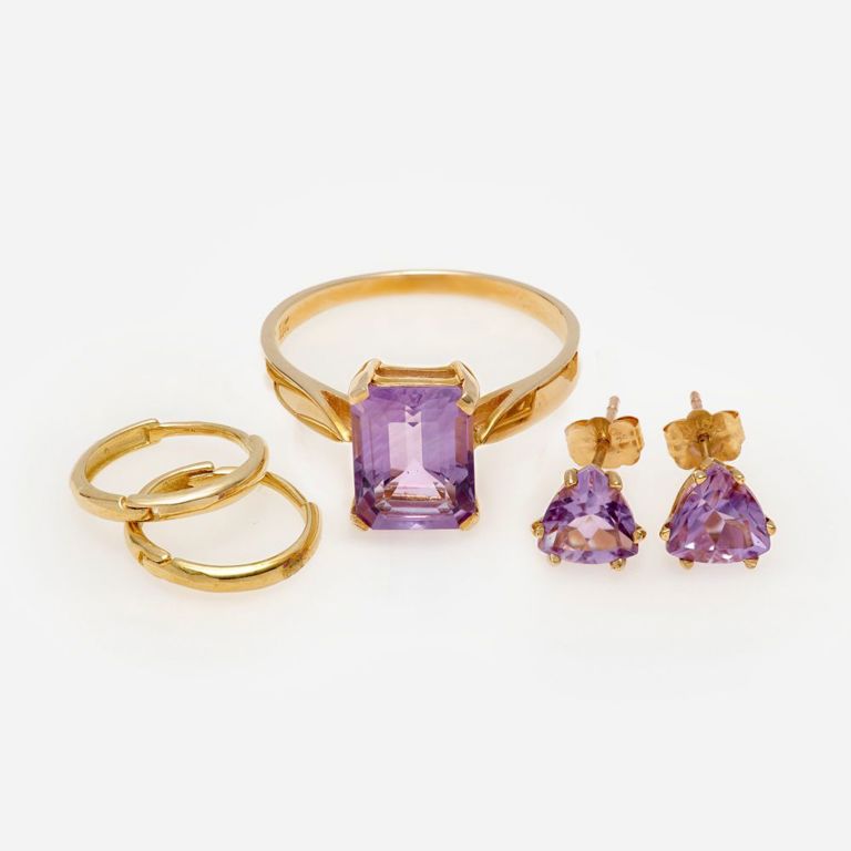 10k and 14k Yellow Gold Amethyst Jewelry Set