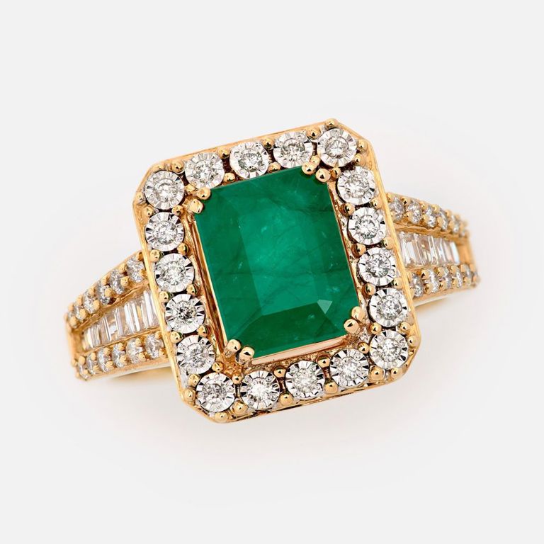 14k Yellow Gold Emerald and Diamond Halo Ring