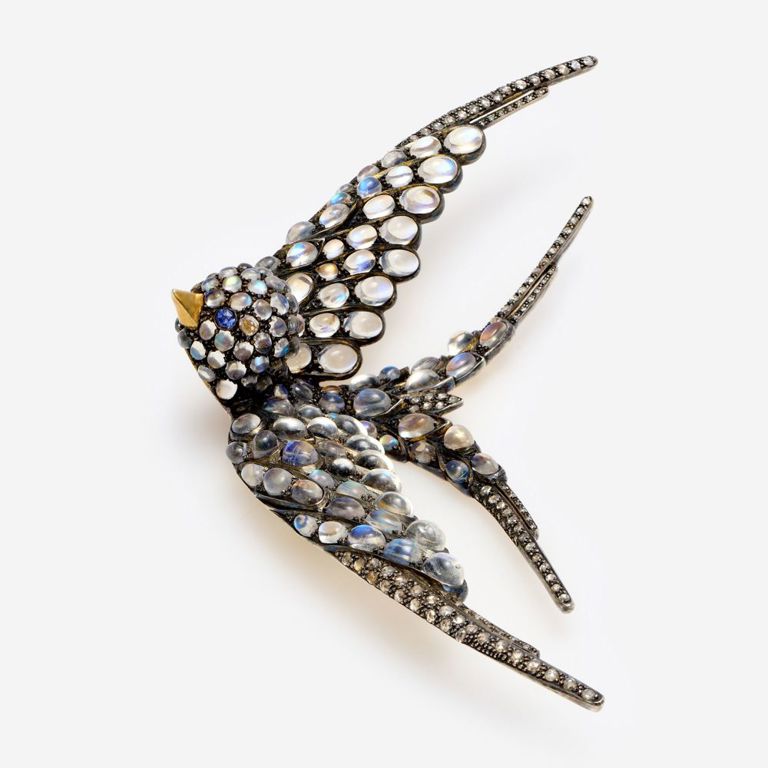 Silver and 14k Gold Gem-Set Swallow Pendant/Brooch