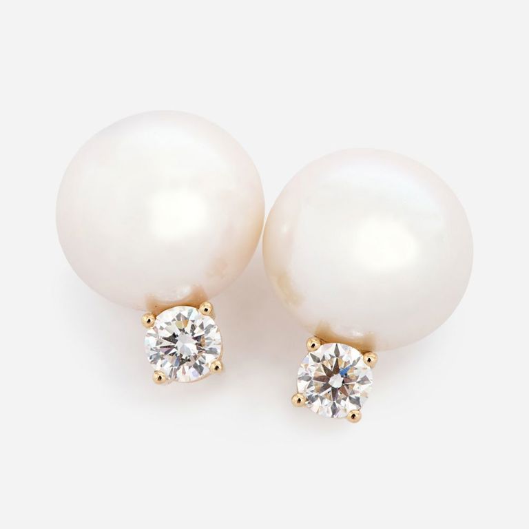18k Yellow Gold Pearl and Moissanite Earrings