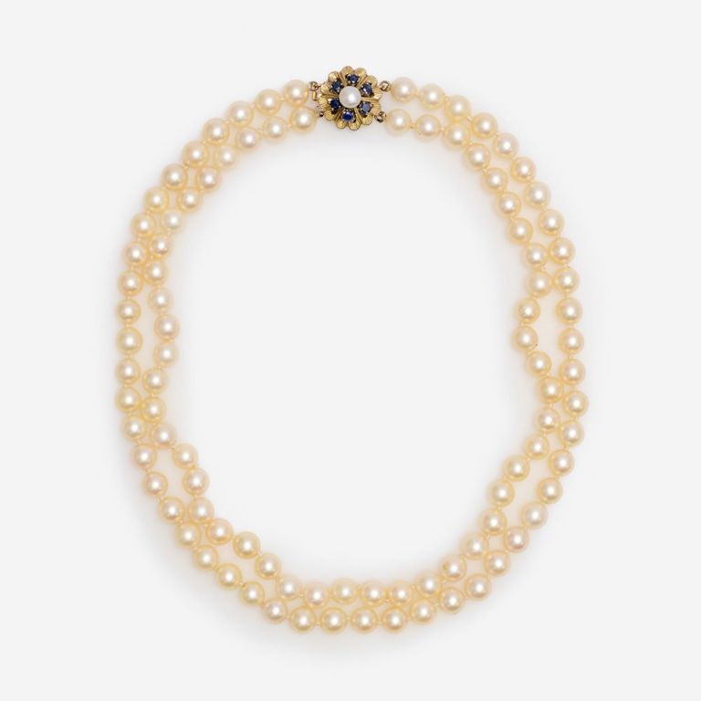 Pearl Necklace With 14k Yellow Gold Sapphire Clasp