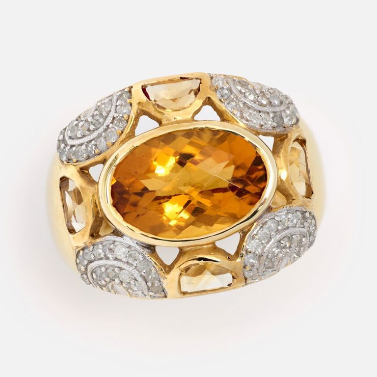14k Yellow Gold Citrine and Diamond Cocktail Ring