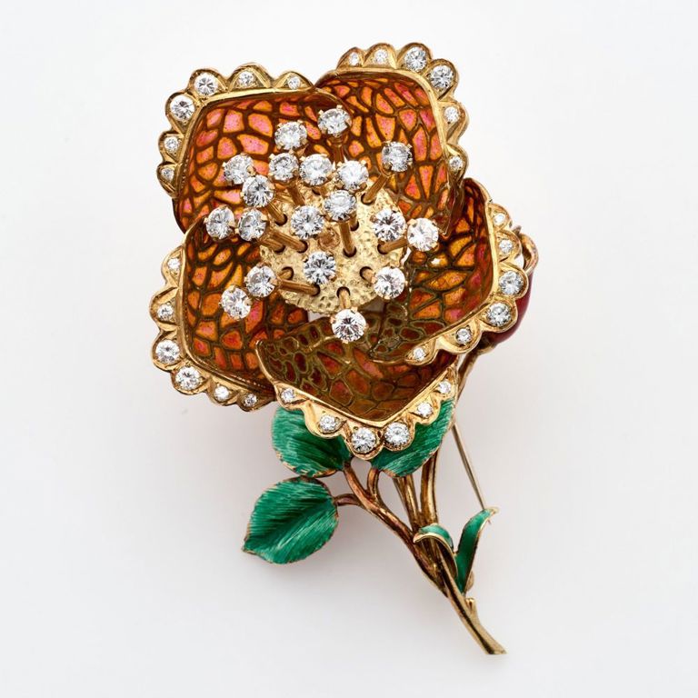 18k Yellow Gold Diamond and Enamel Rose Brooch