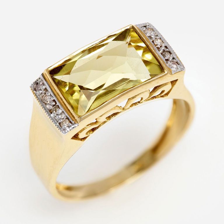 14k Yellow Gold Lemon Quartz and Diamond Ring