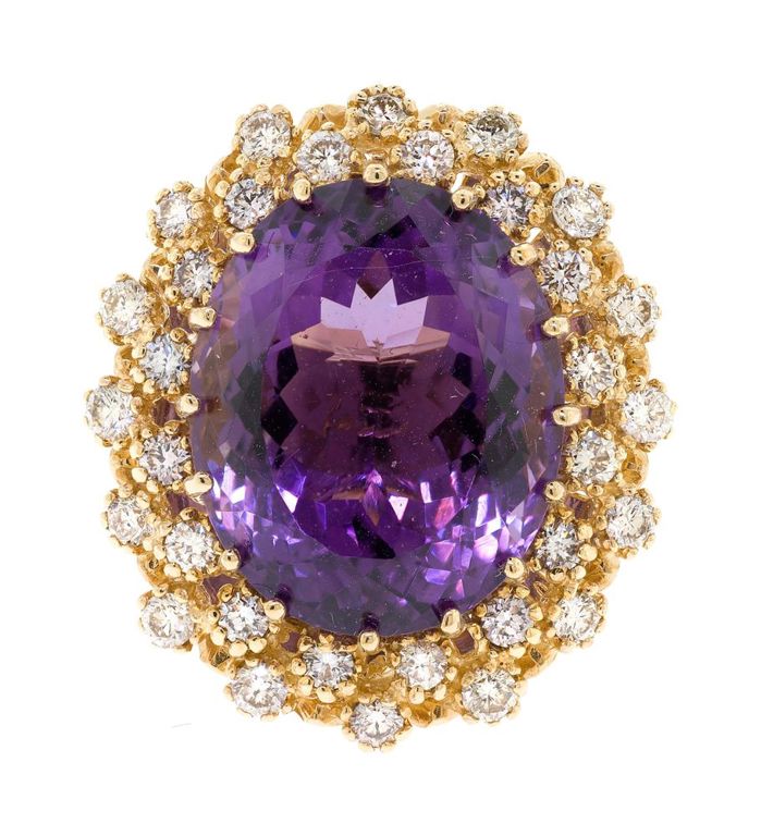14k Yellow Gold Amethyst and Diamond Ring