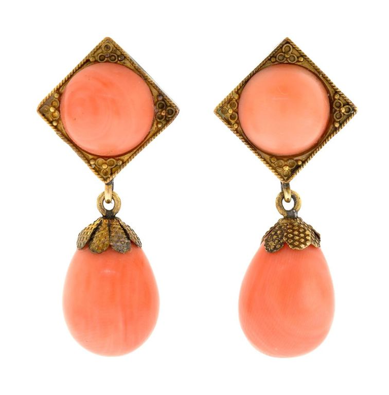 Pair of 18k Gold Coral Drop Earrings