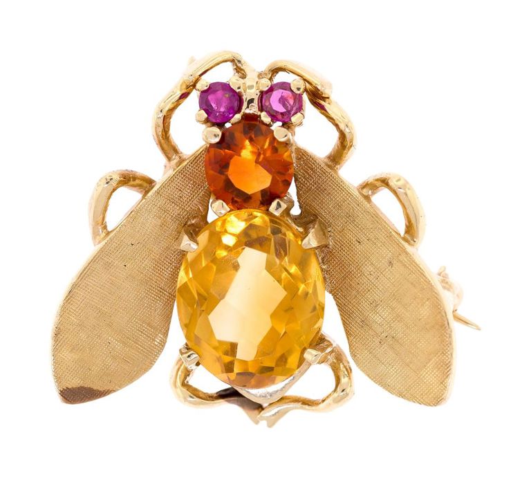 14k Yellow Gold Citrine and Ruby Bee Brooch