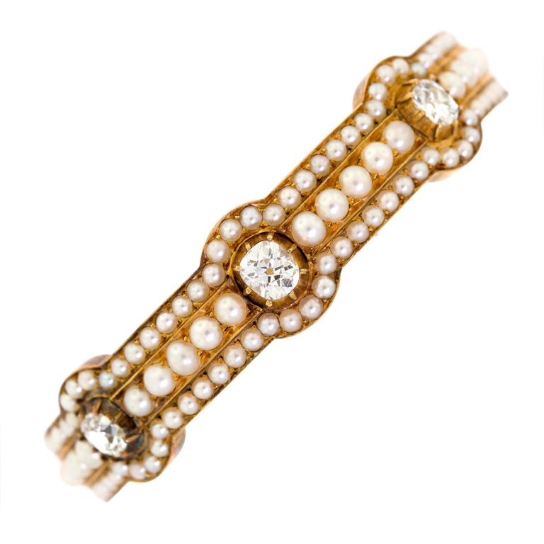 15k Yellow Gold Diamond and Pearl Bangle