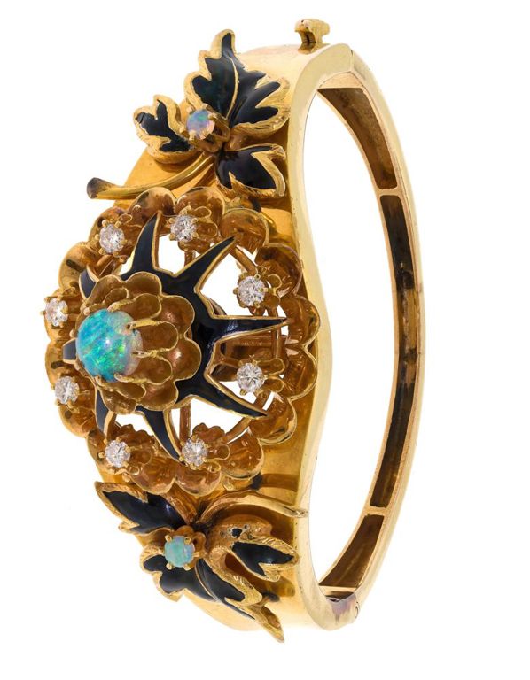 14k Yellow Gold Opal and Diamond Bangle