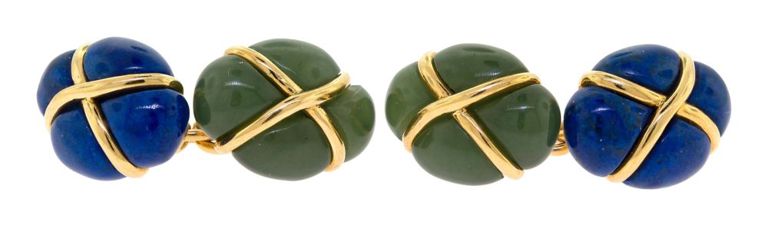Pair of 18k Gold Lapis Lazuli and Jade Cufflinks