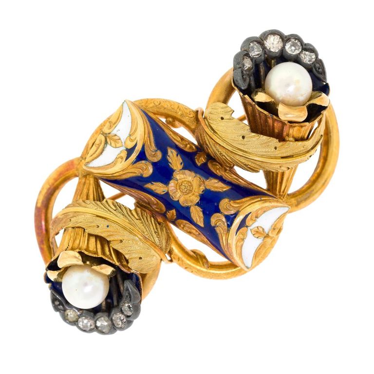 18k Gold Diamond, Pearl and Enamel Pin