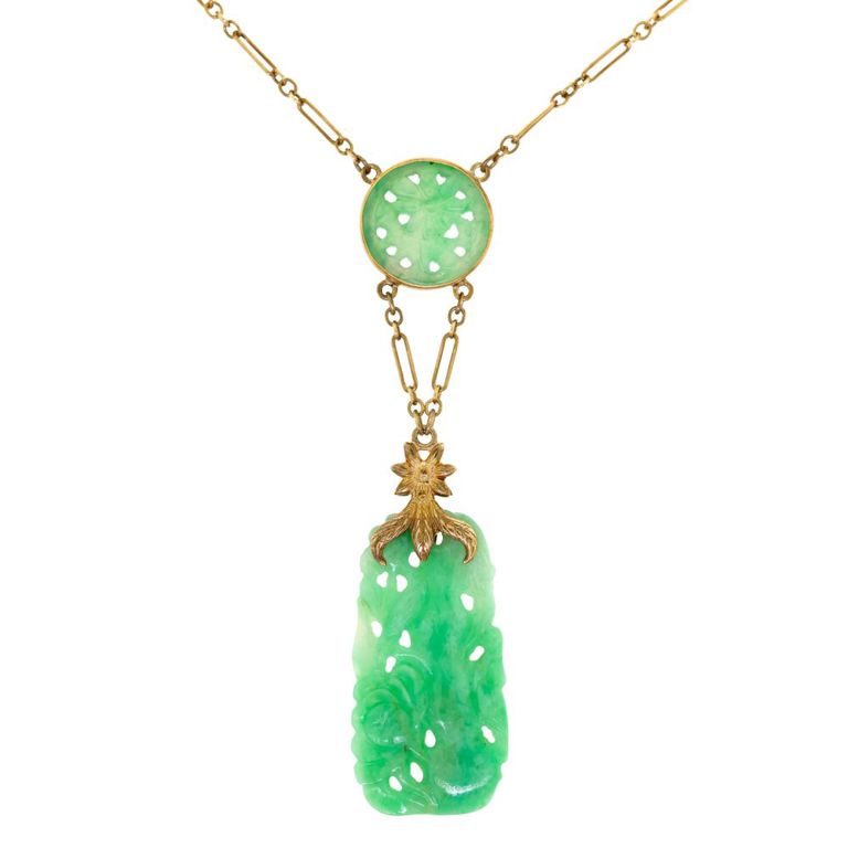 14k Gold Carved Jade Pendant Necklace