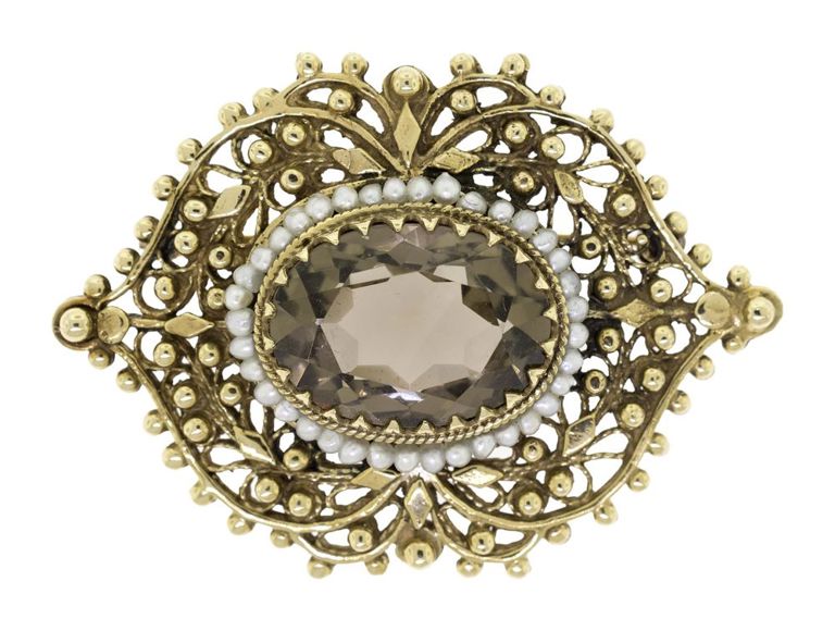 14k Gold Smoky Quartz and Pearl Pin/Pendant