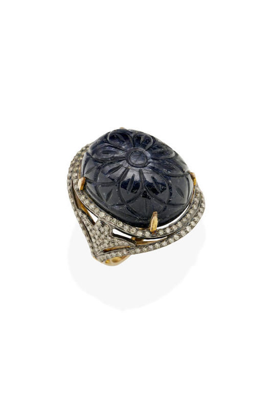 Carved Sapphire and Diamond Ring