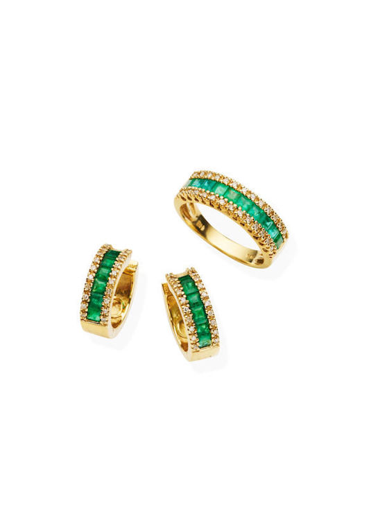 14k Gold Emerald and Diamond Earring and Ring