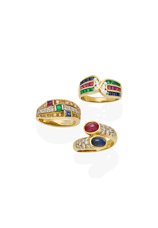 Collection of Three Gem-Set and Diamond Rings