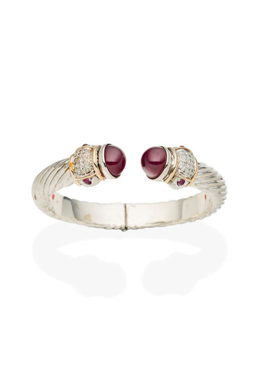 Ruby, Diamond and Silver Hinged Bangle