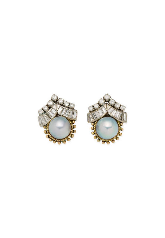 Pair of Cultured Pearl and Diamond Earrings