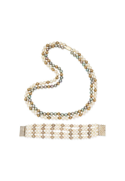 Pearl and Gilt Bead Necklace and Bracelet