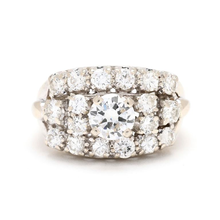 14k White Gold Three-Row Diamond Ring