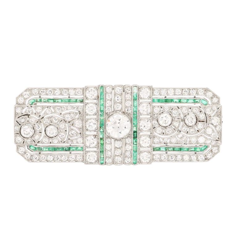 Platinum Diamond and Emerald Brooch