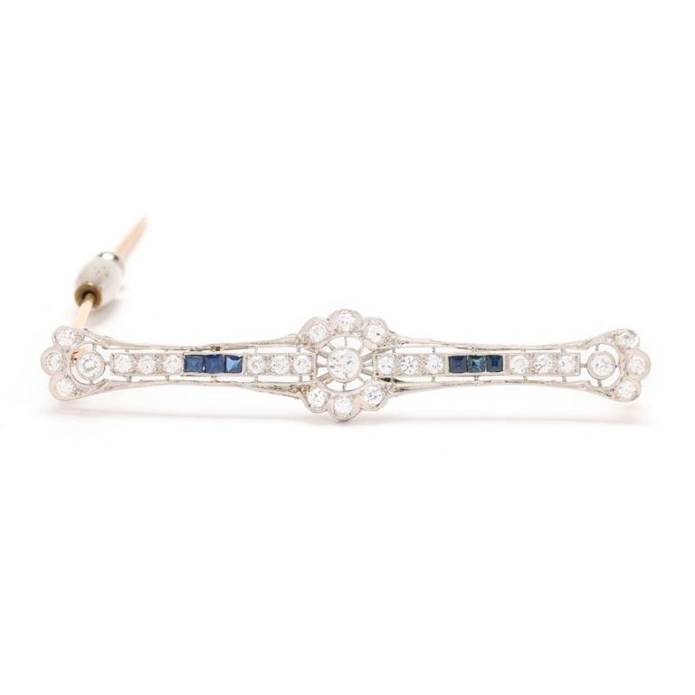 Platinum Diamond and Sapphire Bar Brooch