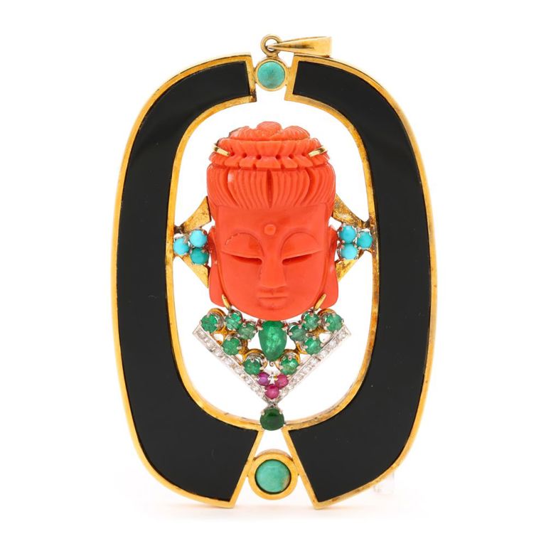 14k Gold Coral, Onyx and Gem-Set Pendant
