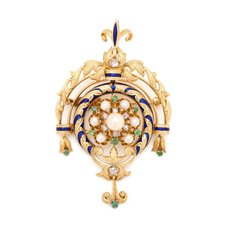 18k Gold Enamel, Pearl, and Gem-Set Pendant/Brooch