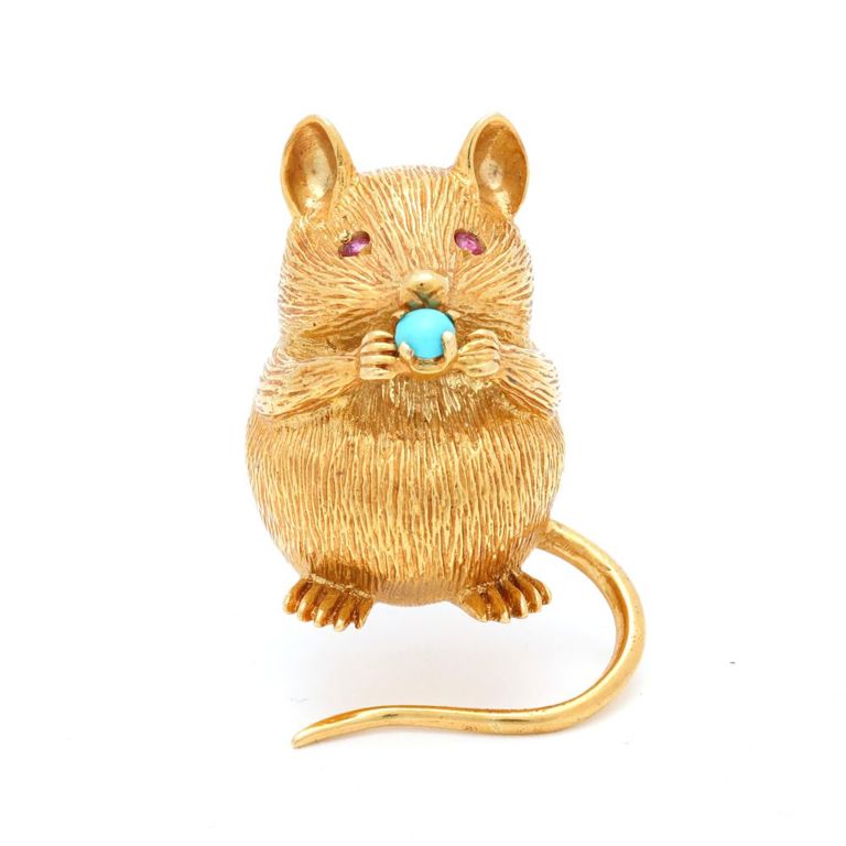 18k Gold Gem-Set Mouse Brooch